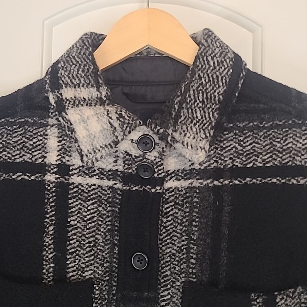 Gap Puff Sleeve Cropped Wool Shirt Jacket Black White Plaid Size L - Picture 3 of 15